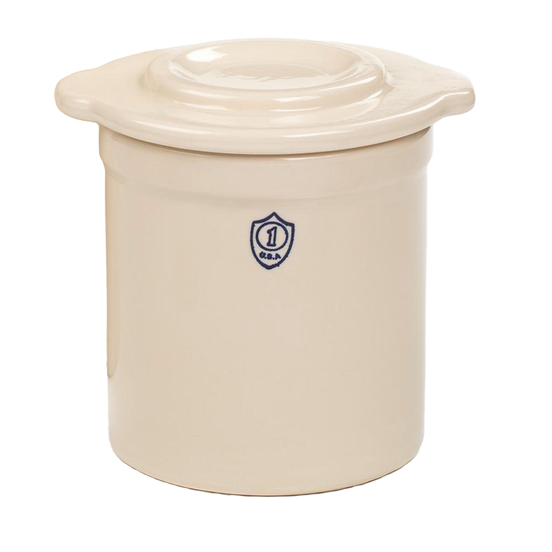 Cream-colored stoneware crock lid with raised center, handcrafted in the USA, designed for food preservation and fermenting in kitchen and pickling collections.