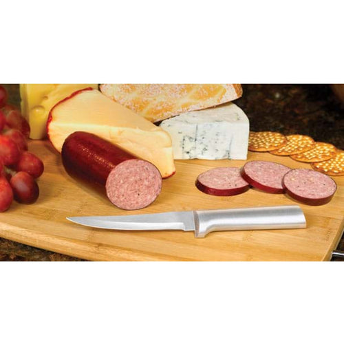 Handcrafted Rada Super Parer with high carbon surgical stainless steel blade and solid aluminum handle, slicing sausage on a wooden board with cheese, crackers, and grapes in Farm, Garden & Tool and Kitchen & Food collections.