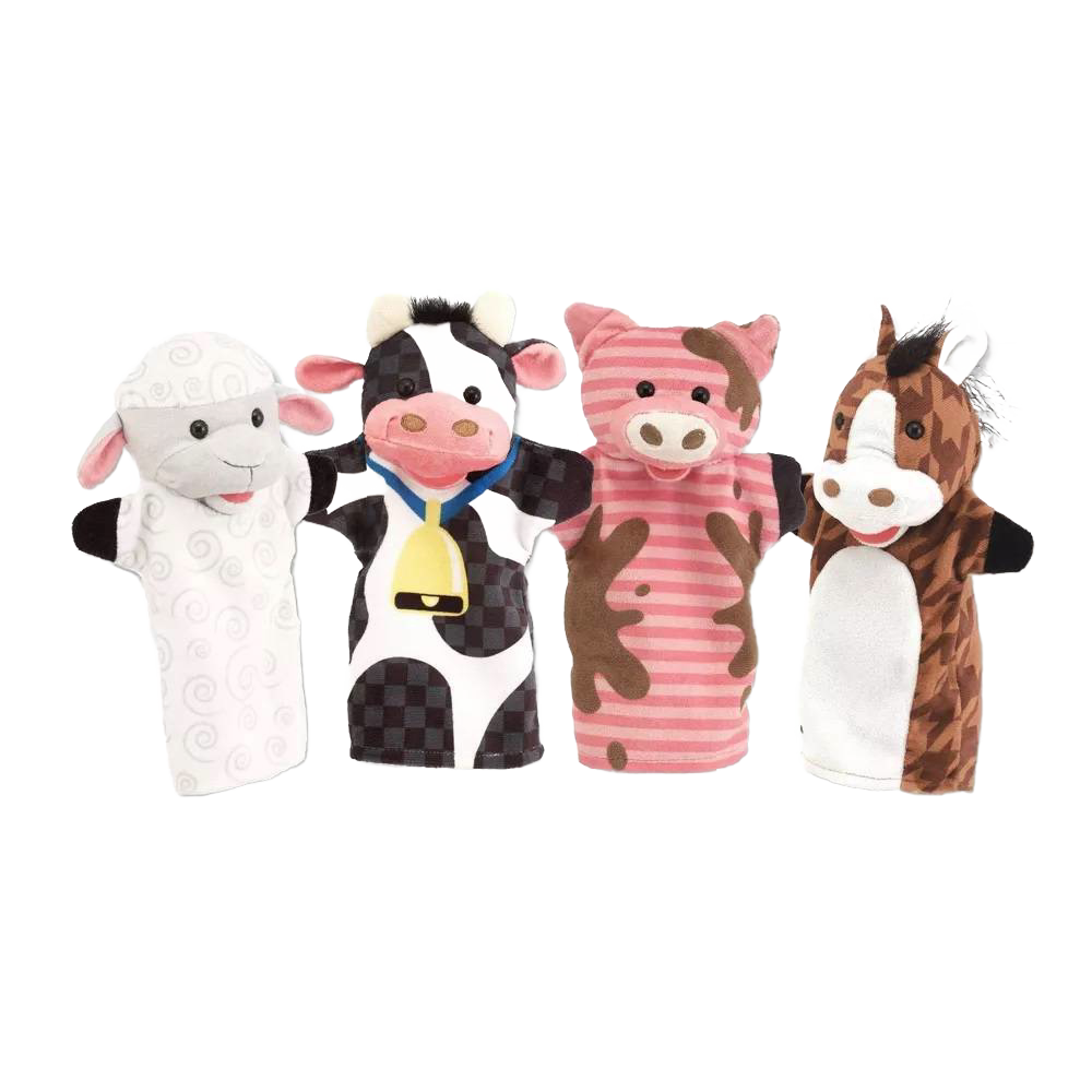 Set of four soft, brightly patterned farm animal hand puppets with washable fabrics, designed for imaginative play in Toys, Books & Games, Children's Toys, Dolls and Doll Accessories, Indoor Play, Best Sellers, and Promo Eligible collections.