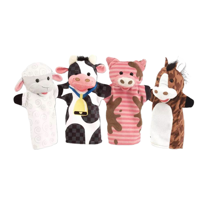 Set of four soft, brightly patterned farm animal hand puppets with washable fabrics, designed for imaginative play in Toys, Books & Games, Children's Toys, Dolls and Doll Accessories, Indoor Play, Best Sellers, and Promo Eligible collections.