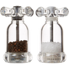 Clear acrylic salt and pepper mills resembling vintage faucet handles, filled with fine peppercorns and coarse sea salt, suited for Kitchen & Food, Dinnerware, Storage and Serving, Best Sellers, and Promo Eligible collections.