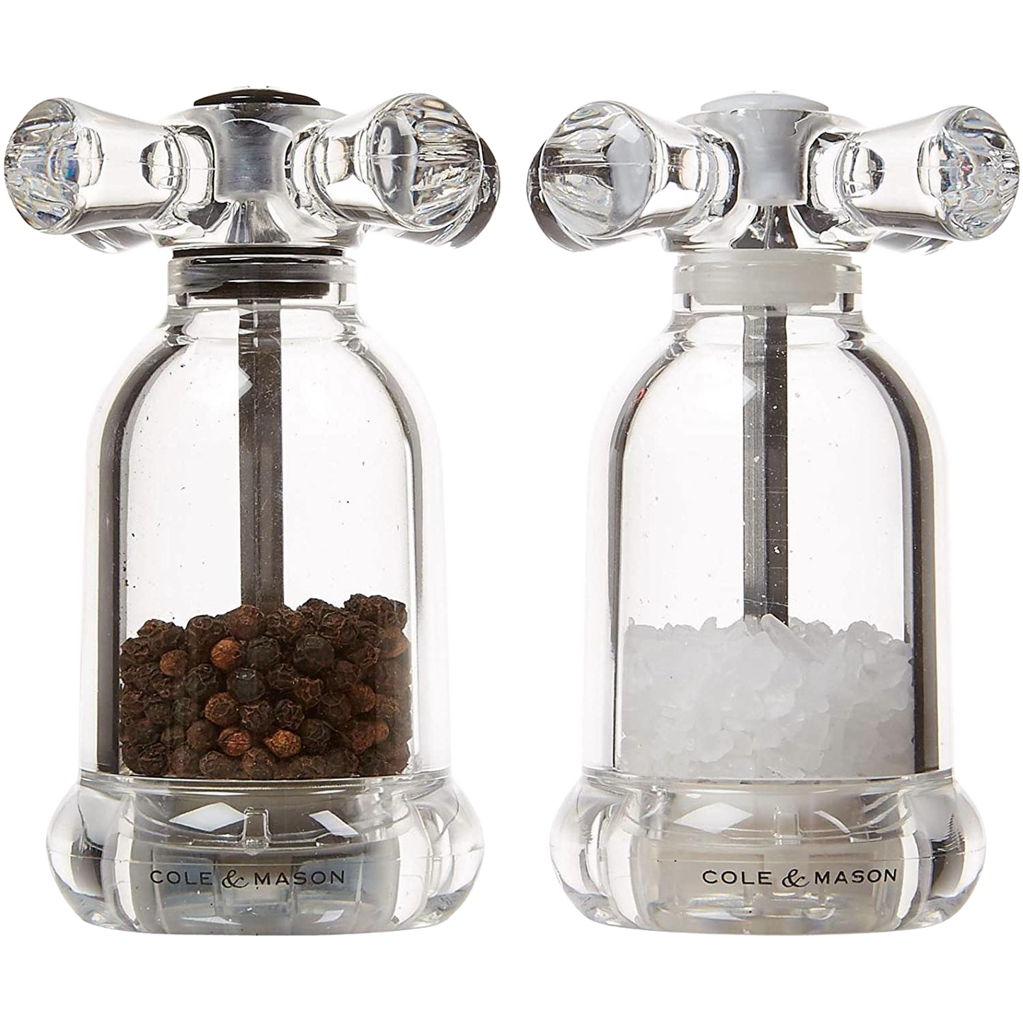 Clear acrylic salt and pepper mills resembling vintage faucet handles, filled with fine peppercorns and coarse sea salt, suited for Kitchen & Food, Dinnerware, Storage and Serving, Best Sellers, and Promo Eligible collections.