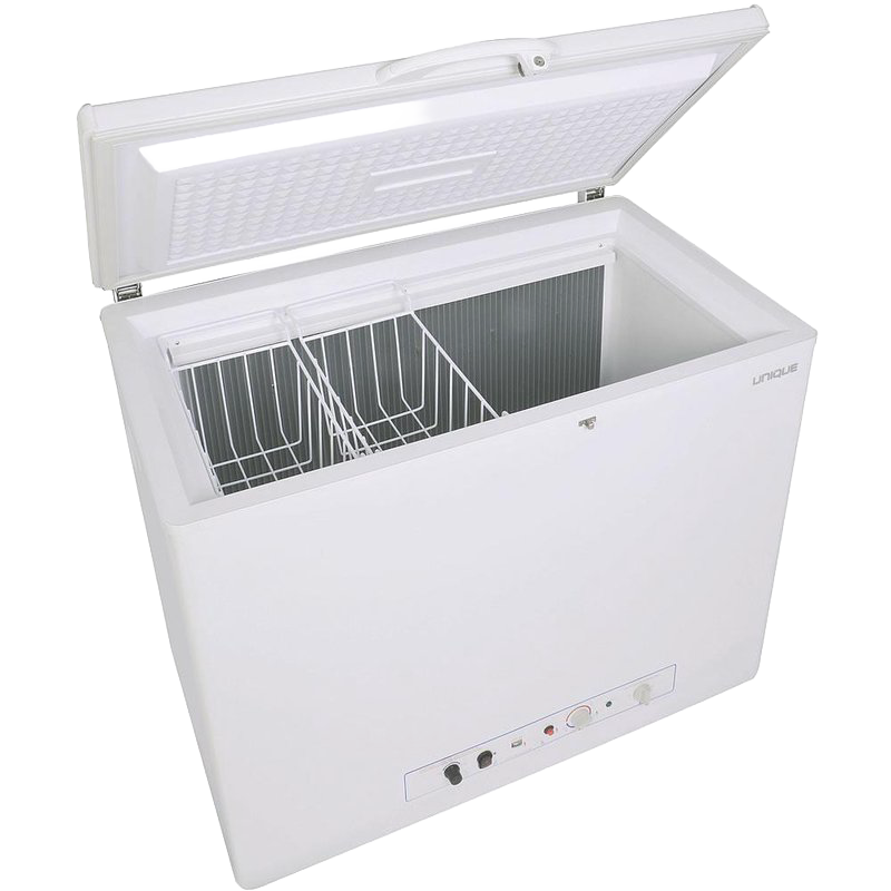 White chest freezer with a spacious 6 cubic feet interior, featuring a hinged lid and basket divider, designed for efficient food storage in appliances and refrigerators collections.