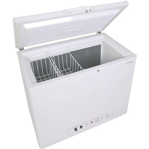 White chest freezer with a spacious 6 cubic feet interior, featuring a hinged lid and basket divider, designed for efficient food storage in appliances and refrigerators collections.