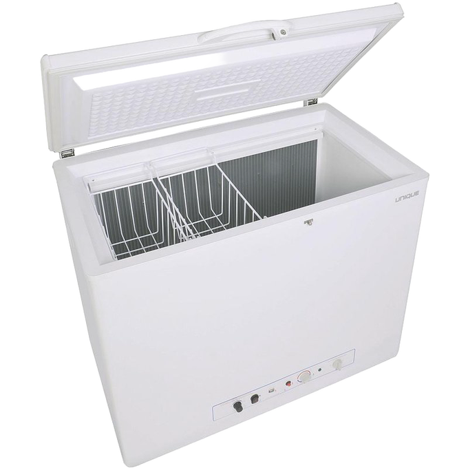 White chest freezer with a spacious 6 cubic feet interior, featuring a hinged lid and basket divider, designed for efficient food storage in appliances and refrigerators collections.