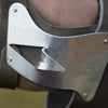 Close-up of galvanized steel hook attached to leather palm pad and double wrist strap, designed for efficient corn husking, part of Farm, Garden & Tool and USA Made collections.