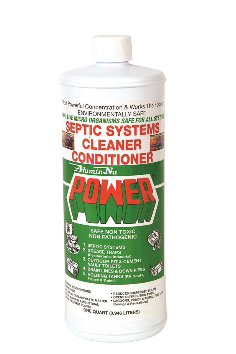White plastic bottle of septic system cleaner conditioner with green and red label detailing environmentally safe, non-toxic formula for household and industrial use, featured in Home & Decor, Household Cleaning, Cleaners and Polishes, Best Sellers, and Promo Eligible collections.