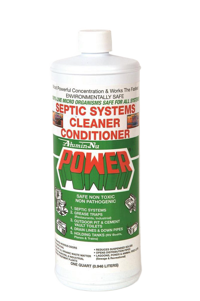 White plastic bottle of septic system cleaner conditioner with green and red label detailing environmentally safe, non-toxic formula for household and industrial use, featured in Home & Decor, Household Cleaning, Cleaners and Polishes, Best Sellers, and Promo Eligible collections.
