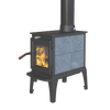 Compact wood heat stove featuring a clean-burning TruHybrid™ combustion system, gray stone panels, black metal frame, and visible roaring fire, ideal for stoves and heatstoves collections.