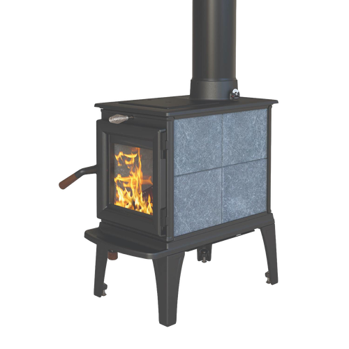 Compact wood heat stove featuring a clean-burning TruHybrid™ combustion system, gray stone panels, black metal frame, and visible roaring fire, ideal for stoves and heatstoves collections.