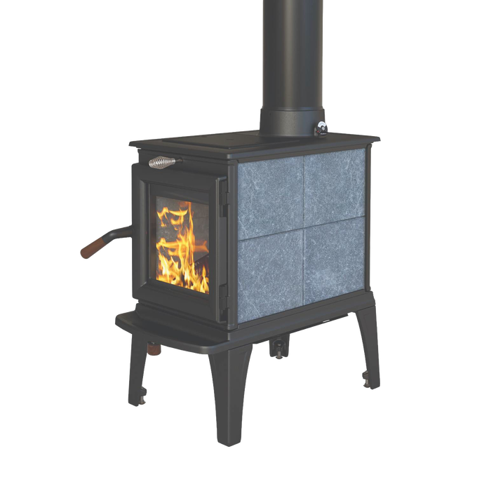 Compact wood heat stove featuring a clean-burning TruHybrid™ combustion system, gray stone panels, black metal frame, and visible roaring fire, ideal for stoves and heatstoves collections.