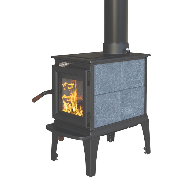 Compact wood heat stove featuring a clean-burning TruHybrid™ combustion system, gray stone panels, black metal frame, and visible roaring fire, ideal for stoves and heatstoves collections.