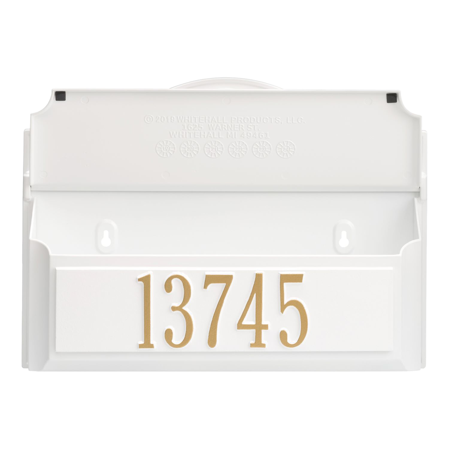 Handcrafted white wall mount mailbox featuring gold house numbers, designed to enhance curb appeal with personalized charm, made in USA, ideal for Home & Decor and Household Helpers.