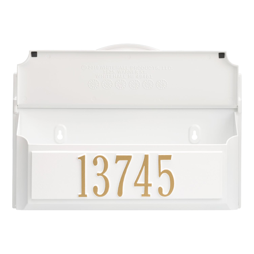 Handcrafted white wall mount mailbox featuring gold house numbers, designed to enhance curb appeal with personalized charm, made in USA, ideal for Home & Decor and Household Helpers.