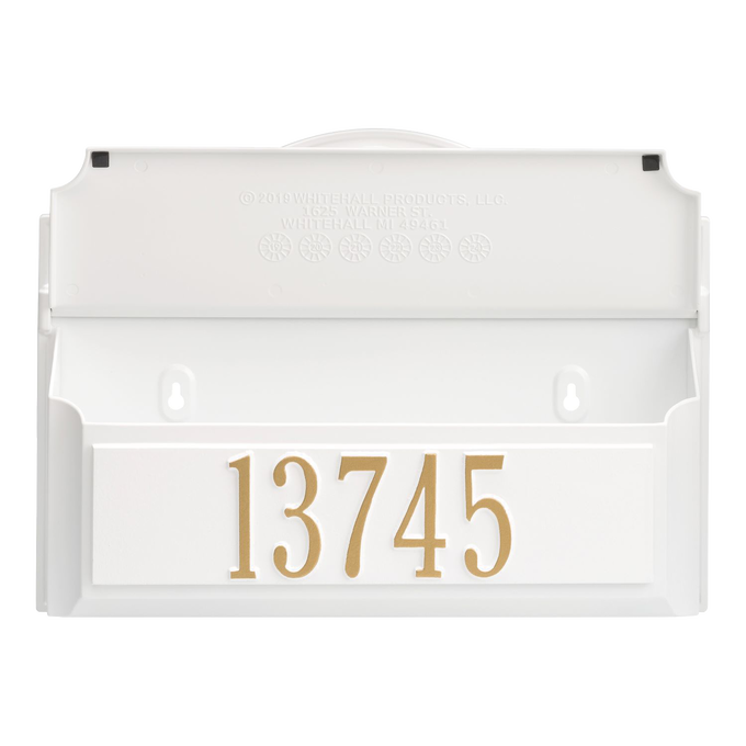 Handcrafted white wall mount mailbox featuring gold house numbers, designed to enhance curb appeal with personalized charm, made in USA, ideal for Home & Decor and Household Helpers.