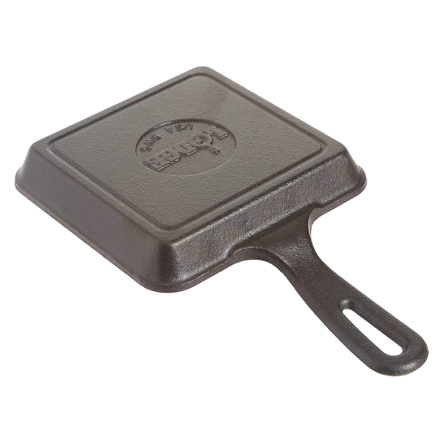 Small handcrafted square cast iron skillet with a handle, pre-seasoned and made in USA; ideal for camping, kitchen use, and included in Farm, Garden & Tool, Cast Iron, and Cookware collections.