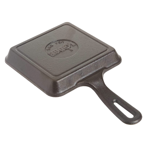 Small handcrafted square cast iron skillet with a handle, pre-seasoned and made in USA; ideal for camping, kitchen use, and included in Farm, Garden & Tool, Cast Iron, and Cookware collections.