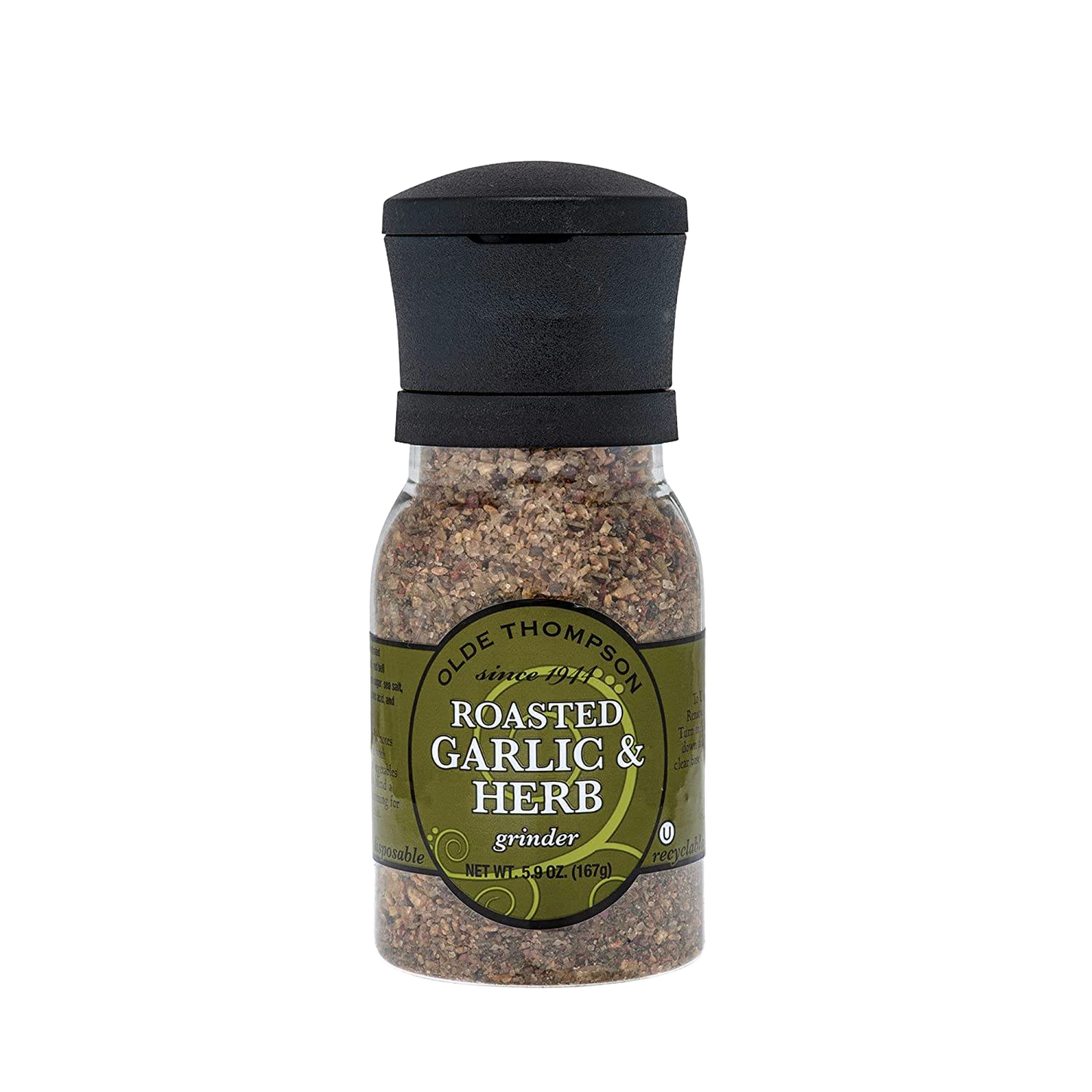 Handcrafted roasted garlic and herb spice grinder with adjustable carbon steel mechanism, designed for Kitchen & Food, Pantry, Grilling, Best Sellers, and Promo Eligible collections.