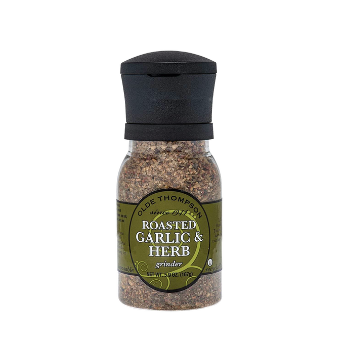 Handcrafted roasted garlic and herb spice grinder with adjustable carbon steel mechanism, designed for Kitchen & Food, Pantry, Grilling, Best Sellers, and Promo Eligible collections.