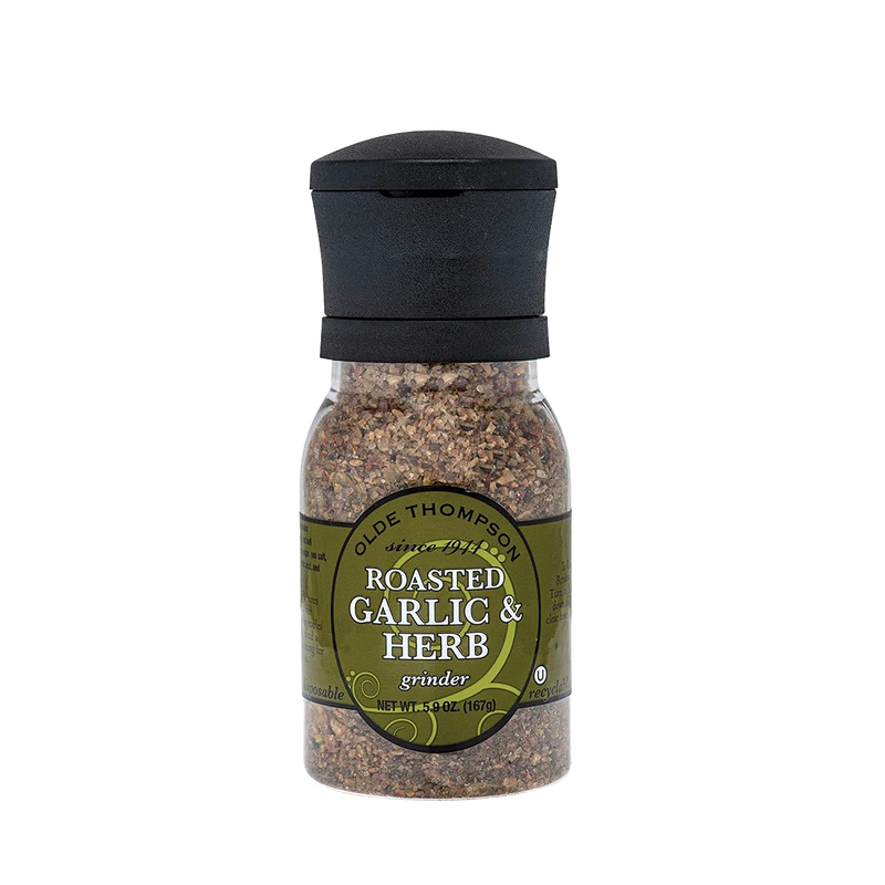 Handcrafted roasted garlic and herb spice grinder with adjustable carbon steel mechanism, designed for Kitchen & Food, Pantry, Grilling, Best Sellers, and Promo Eligible collections.