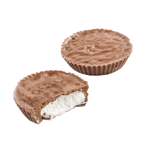 Two creamy milk chocolate cups, one whole and one bitten to reveal whipped marshmallow filling, gluten-free and made in USA, featured in Kitchen & Food, Candy, USA Made, Best Sellers, and Promo Eligible collections.