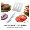 Sturdy kitchen spatula with a wide slotted metal blade and angled face for easy flipping and draining, shown with fresh burger ingredients, ideal for Kitchen & Food and USA Made collections.