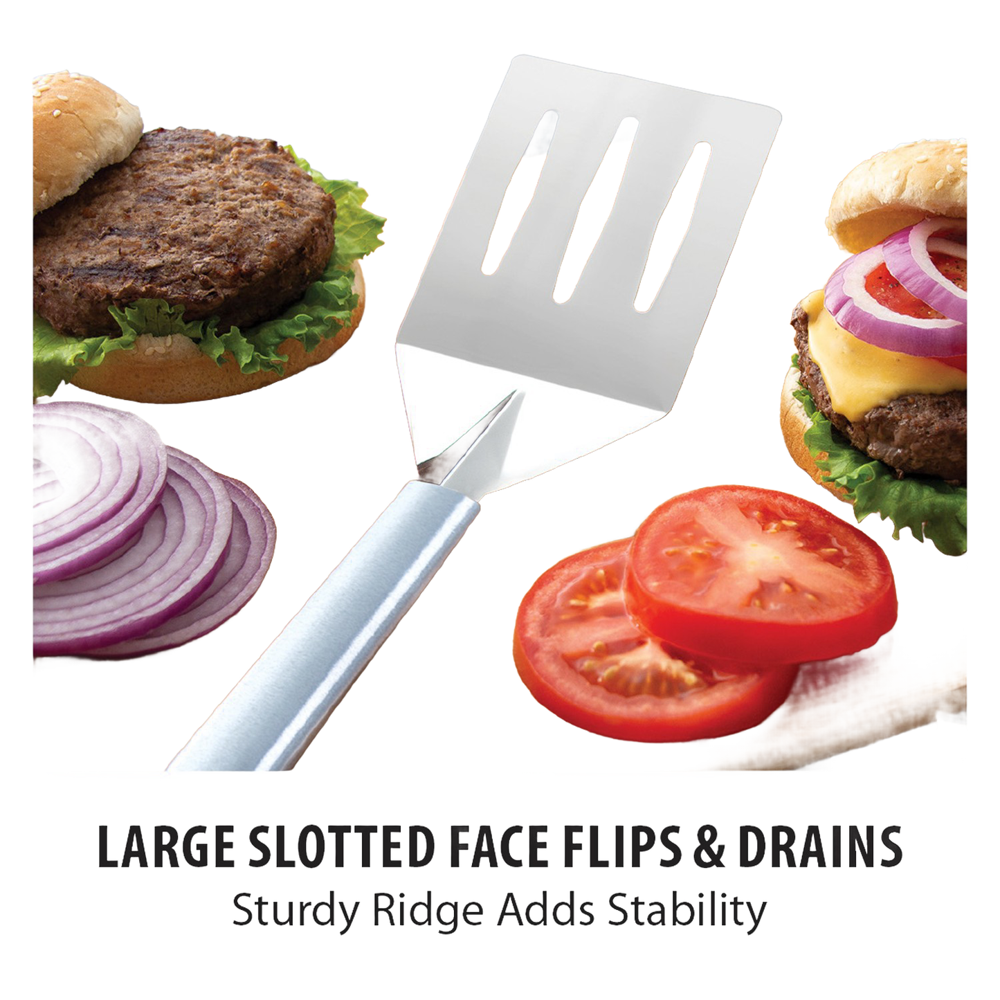 Sturdy kitchen spatula with a wide slotted metal blade and angled face for easy flipping and draining, shown with fresh burger ingredients, ideal for Kitchen & Food and USA Made collections.