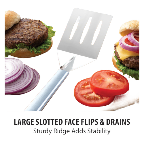 Sturdy kitchen spatula with a wide slotted metal blade and angled face for easy flipping and draining, shown with fresh burger ingredients, ideal for Kitchen & Food and USA Made collections.
