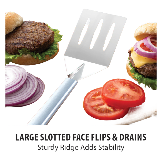 Sturdy kitchen spatula with a wide slotted metal blade and angled face for easy flipping and draining, shown with fresh burger ingredients, ideal for Kitchen & Food and USA Made collections.
