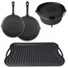 Set of handcrafted nitrided cast iron cookware for outdoor cooking including two skillets, a tripod Dutch oven with lid, and a ridged griddle, ideal for camping and farm use.