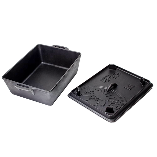 Handcrafted cast iron loaf pan with embossed lid featuring decorative patterns, designed for versatile baking and cooking in farm, kitchen, camping, cookware, and bread making supplies collections.