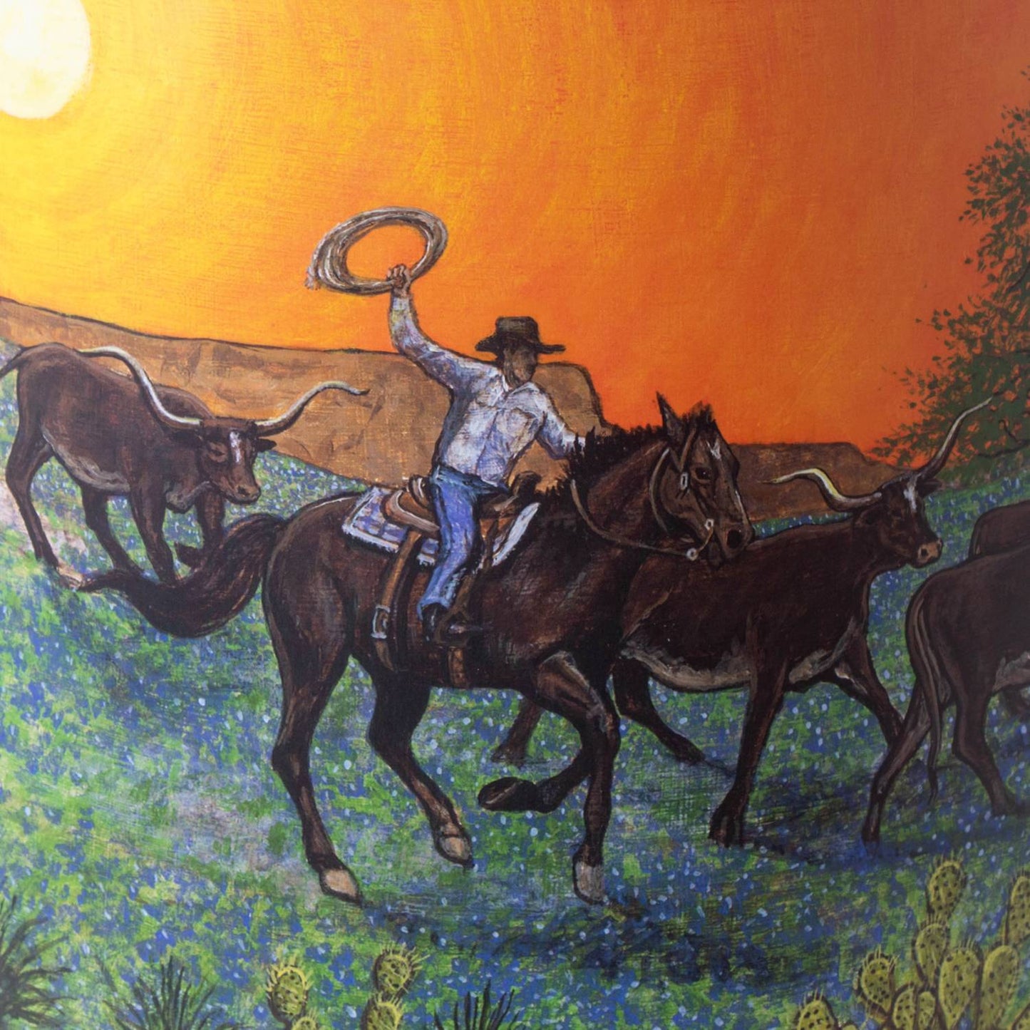 Handcrafted Southwestern oil lamp shade with vivid parchment artwork of a cowboy riding a horse, roping cattle at sunset, designed to softly diffuse light in Lamps & Lighting and Lamp Shades collections.