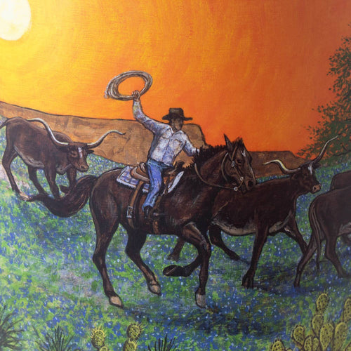 Handcrafted Southwestern oil lamp shade with vivid parchment artwork of a cowboy riding a horse, roping cattle at sunset, designed to softly diffuse light in Lamps & Lighting and Lamp Shades collections.