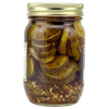 Clear glass jar filled with sliced pickles blended with hot habanero peppers and spices, sealed with a gold lid, handcrafted and made in USA, ideal for kitchen pantry collections.
