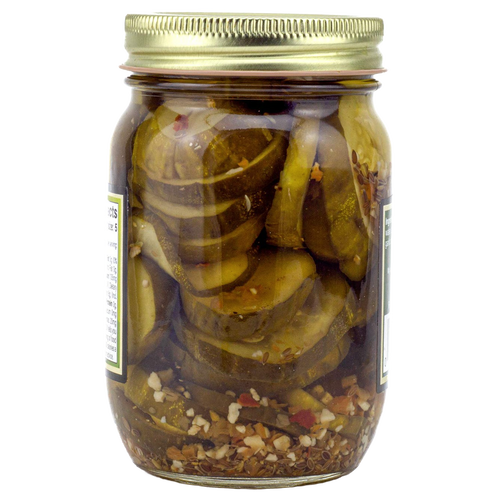 Clear glass jar filled with sliced pickles blended with hot habanero peppers and spices, sealed with a gold lid, handcrafted and made in USA, ideal for kitchen pantry collections.