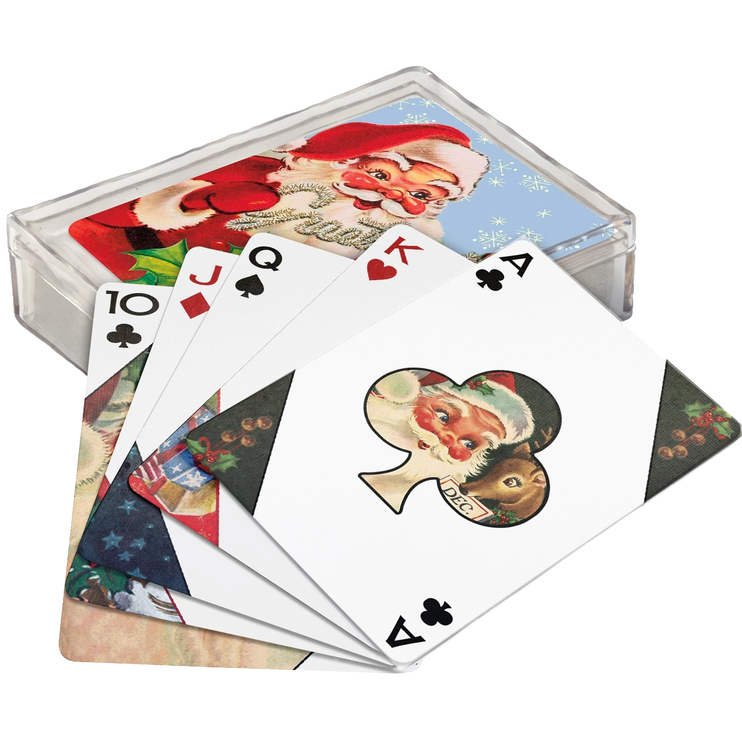 Handcrafted vintage-style playing cards featuring charming Santa Claus artwork, displayed with a festive clear plastic case, ideal for Home & Decor, Holiday Decor, Best Sellers, and Promo Eligible collections.