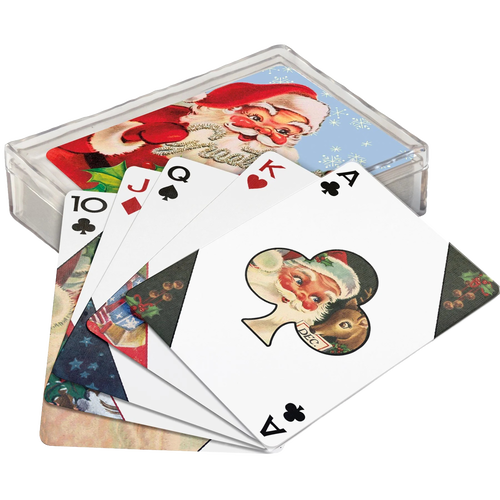 Handcrafted vintage-style playing cards featuring charming Santa Claus artwork, displayed with a festive clear plastic case, ideal for Home & Decor, Holiday Decor, Best Sellers, and Promo Eligible collections.