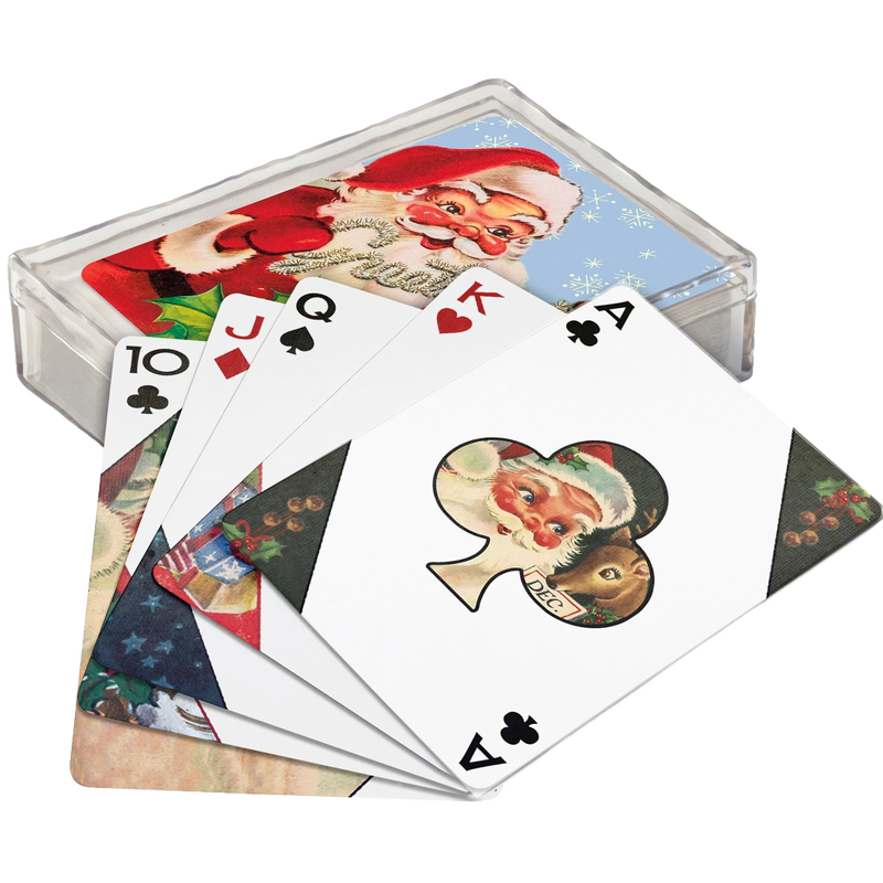 Handcrafted vintage-style playing cards featuring charming Santa Claus artwork, displayed with a festive clear plastic case, ideal for Home & Decor, Holiday Decor, Best Sellers, and Promo Eligible collections.
