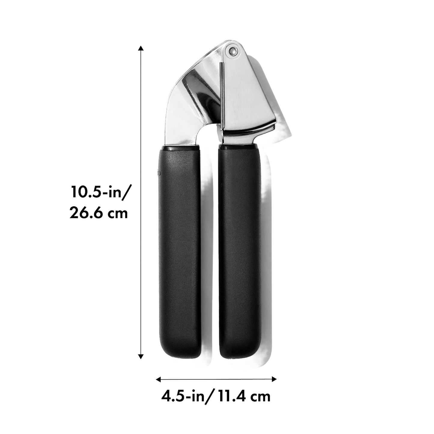 Garlic press with soft, non-slip black handles and a large stainless steel crushing chamber, designed for comfortable use in Kitchen & Food, Kitchen Gadgets, and Cooking Helpers collections.