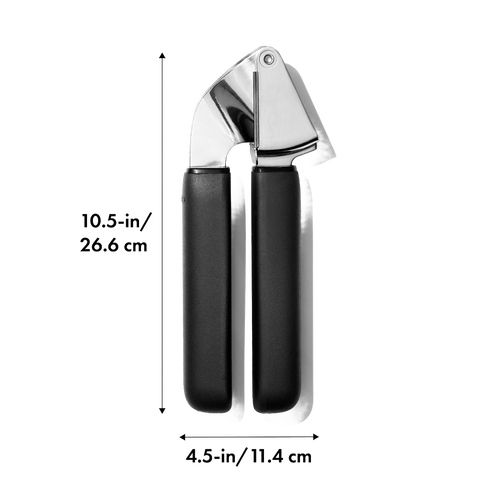 Garlic press with soft, non-slip black handles and a large stainless steel crushing chamber, designed for comfortable use in Kitchen & Food, Kitchen Gadgets, and Cooking Helpers collections.