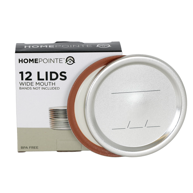 Set of 12 wide-mouth canning jar lids featuring BPA-free sealing compound, designed for airtight food preservation, ideal for Kitchen & Food, Food Preservation, and Canning collections.