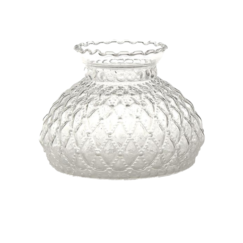 Clear glass lamp shade with diamond quilt pattern and scalloped top edge, suitable for lamps and lighting, parts and accessories, and lamp shades collections.