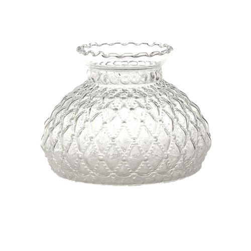 Clear glass lamp shade with diamond quilt pattern and scalloped top edge, suitable for lamps and lighting, parts and accessories, and lamp shades collections.