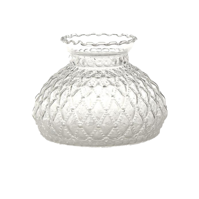 Clear glass lamp shade with diamond quilt pattern and scalloped top edge, suitable for lamps and lighting, parts and accessories, and lamp shades collections.