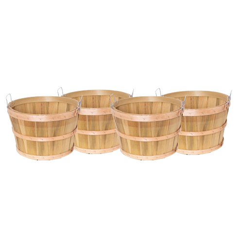 Set of four handcrafted half bushel baskets made of raw poplar wood strips with metal wire handles, perfect for Farm, Garden & Tool, Garden Accessories, USA Made, Best Sellers, and Promo Eligible collections.