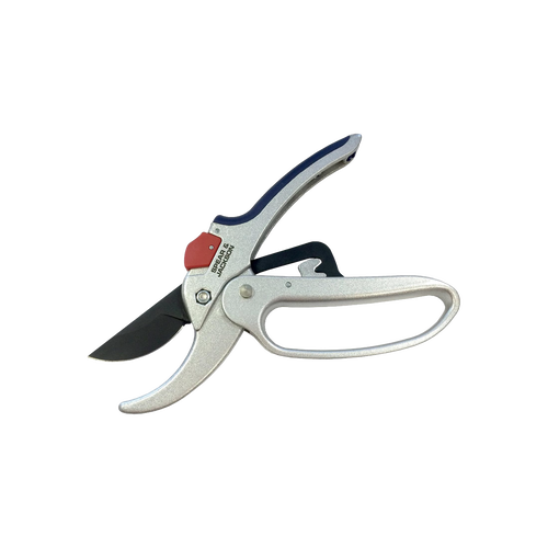 Geared anvil pruning shears with ergonomic textured handles and a red locking mechanism designed for efficient cutting of woody branches in Farm, Garden & Tool and Lawncare collections.