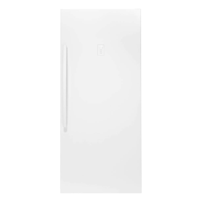 Tall white upright freezer with a single door and vertical handle, Amish made in the USA, designed for efficient gas-powered freezing, ideal for appliances and refrigerators collections.