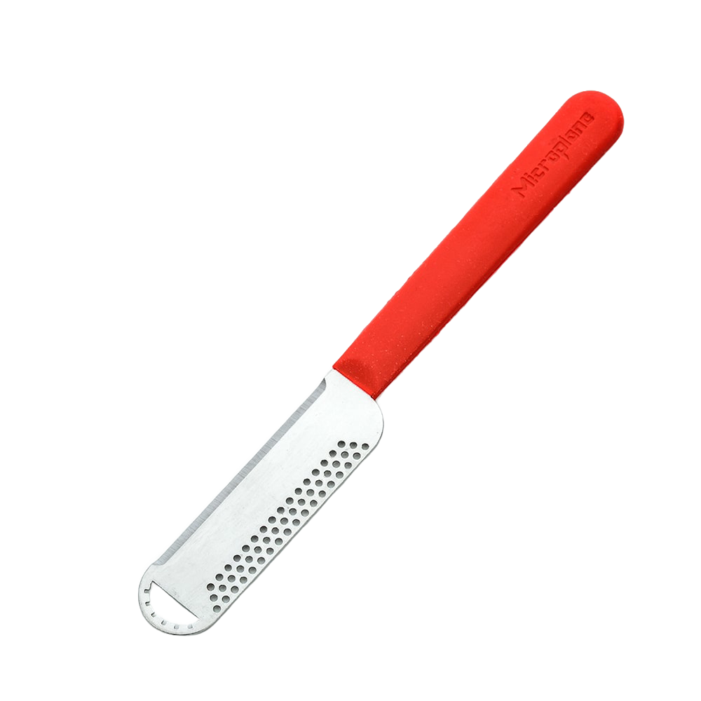 Handheld stainless steel butter tool with rows of small holes and a red ergonomic handle, designed for softening and shaping butter, ideal for Kitchen & Food and Food Prep collections.