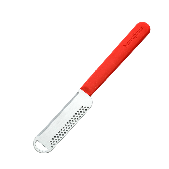 Handheld stainless steel butter tool with rows of small holes and a red ergonomic handle, designed for softening and shaping butter, ideal for Kitchen & Food and Food Prep collections.