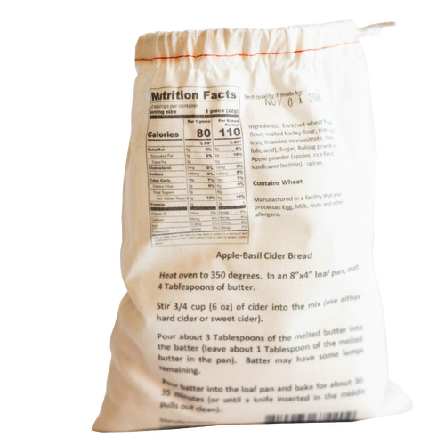 Soft fabric bag displaying handcrafted Apple-Basil Cider bread mix with detailed nutritional facts and baking instructions, ideal for Kitchen & Food, Pantry, Dry Goods and Mixes, Best Sellers, Promo Eligible collections.